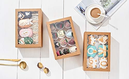 4PCS 10x7 x2.5Inches Premium Brown Strawberry Boxes with Display Window, Sweet Treat Boxes for Cookies, Donuts, Macarons, Muffins& Hot Coca Bombs, Perfect for Any Celebration