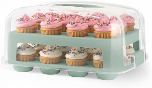 EXTRA TALL DOME 24 Cupcake Carrier, Green Cupcake Holder Carries 24 Cupcake Storage Container, Muffin Traveler Two Tier Stand Reusable Cupcake Box