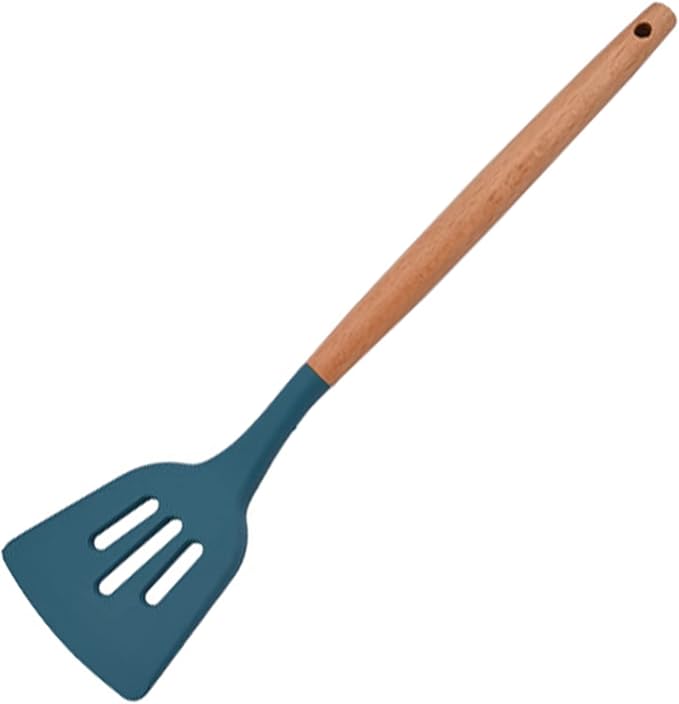 1pc Blue Silicone Slotted Turner with Wooden Handle, Non-Stick Kitchen Spatulas, Ideal Cookware for Frying, Baking, Flipping, Turning, Fish, Eggs, Meat.