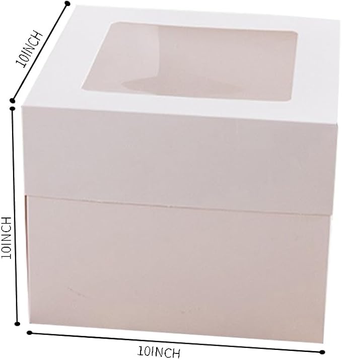 Tall Cake Boxes 10x10x10 inch Large White Bakery Square Cake Boxes with Window for Weddings Birthdays Decorating Cake with Ribbons，2 Pack