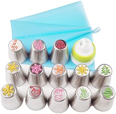 Dr.Pedi 15 Pcs Christmas Decorations Piping Bags and Tips Set 13 Piping Tips Set Icing Tips Icing Piping Nozzles Set Frosting Bags Ties Cupcake Decorating Kit
