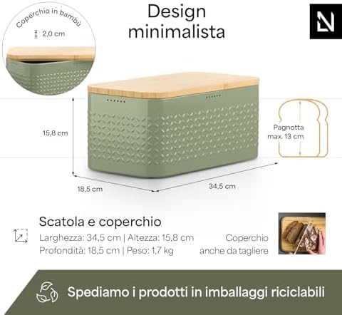 LARS NYSØM Bread Box I Metal bread box for long lasting freshness with non-slip pads I Baked goods Bin with bamboo lid usable as cutting board I 13.6x7.3x6.2in (Sage Green)