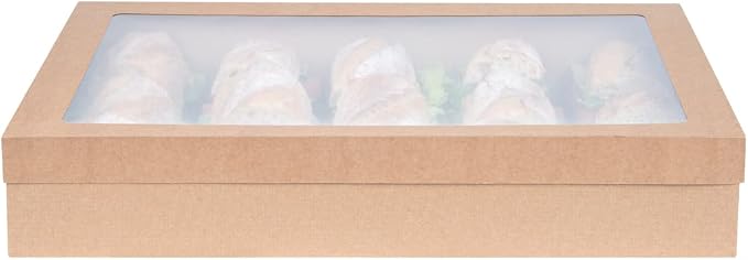 Restaurantware Cater Tek 17.9 x 12.3 x 3.2 Inch Catering Boxes 100 Insert Tab Lock Baked Goods Boxes - Window Lids Easy Assembly Kraft Paper Window Pastry Boxes For Charcuterie Or Cupcakes