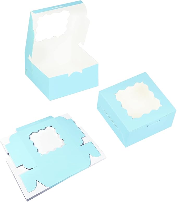 Bakepacker 60pcs Light Blue Cookie Boxes 6x6x3 inches Easy Assemble Macaroon Pastry Boxes Bakery Boxes with Window for Bakery