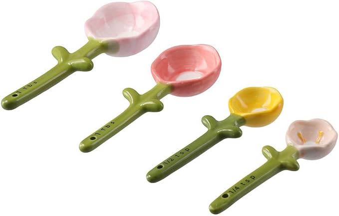 Sunflowers Measuring Spoons and Cups Set, Cute Ceramic Measuring Spoons, Baking Sunflowers Measuring Spoon with Holder for Milk Powder Sugar Salt Wet Dry Ingredients