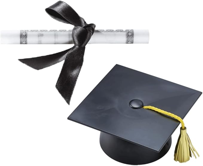 Plastic Graduation Cap Cake Topper with Large Paper Diploma Cake Topper (Black)
