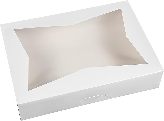 ONE MORE 14 x10 x 3inch White Lock Corner Window Bakery Cookie Boxes, Large Paperboard Container with PVC Windows for Pie, Pack of 12