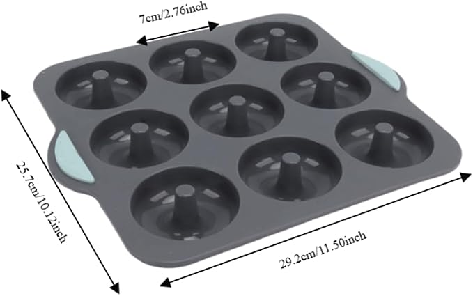 Limen Silicone Donut Baking Mould Tray, 9-Cavity Non-Stick Ring Cake Pan with Center Posts and Dual Side Handles for Oven Baking 11.5x10.12 in(Grey)