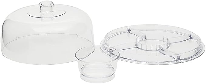 JOEY'Z Extra Large (12") 6 in 1 Acrylic Cake Stand with Dome Lid Multifunctional Serving Platter and Plate, Salad Bowl/Veggie Platter/Punch Bowl/Desert Platter/Chips & Dip - BPA Free