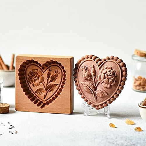 Carved Wooden Gingerbread Cookie Mold,3D Wooden Baking Mold Cookie Biscuit Press Stamp Molds,Cookie Cutter,Cookie Stamp,DIY Biscuit Stamp Mould for Halloween Thanksgiving Christmas(Red Rose)