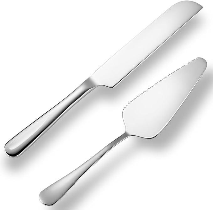 Wedding Cake Knife and Server Set,Stainless Steel Cake Cutting Set,2Pcs Silver Include 10.63" Cake Cutter And 9.06" Cake Server for Wedding, Birthday, Parties and anniversary