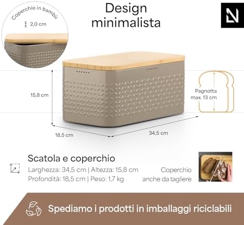 LARS NYSØM Bread Box I Metal bread box for long lasting freshness with non-slip pads I Baked goods Bin with bamboo lid usable as cutting board I 13.6x7.3x6.2in (Taupe Brown)