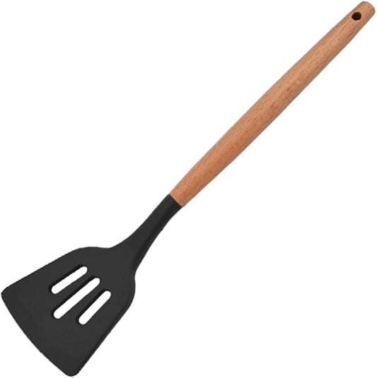 1pcs Black Silicone Wok Spatula Slotted Turner,Heat Resistant Nonstick Rubber Spatula Silicone Stir Fry Turner for Flipping Eggs,Crepes