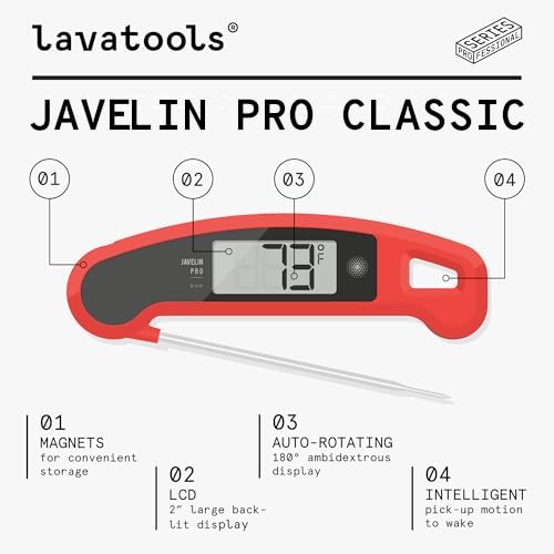 Lavatools Javelin® PRO Classic Ultra-Fast 2-Second Professional Digital Instant Read Meat Thermometer for Grill and Cooking, Auto-Rotating Backlit Display, IP65 Water Resistant NSF Certified–Tangerine