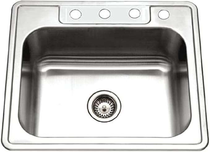 Houzer Glowtone Stainless Steel Kitchen Sink: 25 Inch Drop-in Topmount 4-Hole Single Bowl with Strainer, Durable & Versatile, Essential for Home & Apartment: 2522-9BS4-1