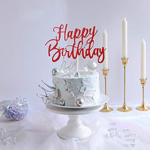 Handmade Glitter happy birthday Cake Topper, Happy Birthday Cake Bunting Decor, Party Decoration Supplies (Red)