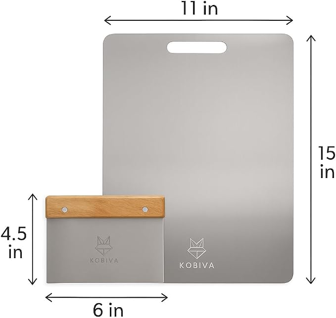 Stainless Steel Pastry Cutting Board 15x11 with Bench Scraper | Metal Dough Board for Kneading Bread & Baking – 304 Food-Grade Chopping Board, Dishwasher Safe, Knife-Friendly, Heavy Duty