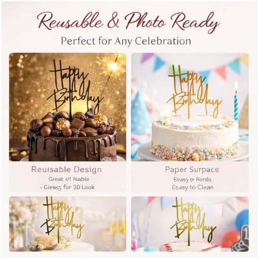 Happy Birthday Cake Topper – Gold Acrylic Birthday Cake Decoration, Modern Script Reusable Cake Pick for Adult Birthday Party, 7.2 Inch