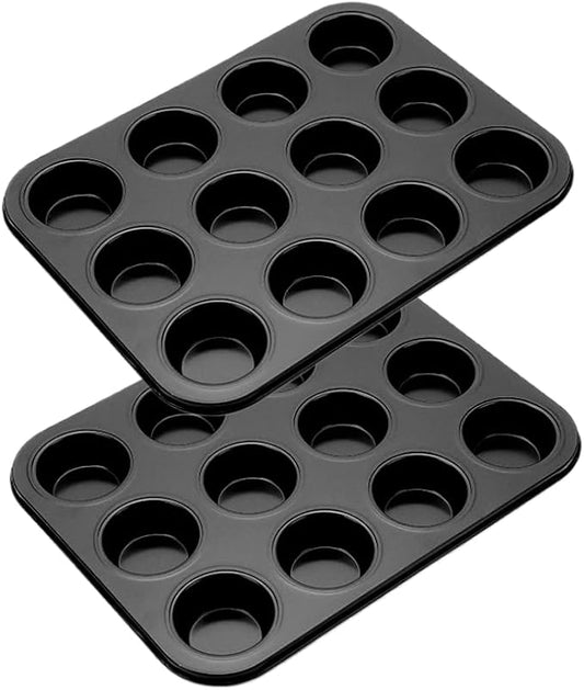 2-Pack 12-Cup Muffin Pan, Nonstick Bakeware | Carbon steel cupcake baking tray, BPA-free and easy release. Oven-safe for muffins and cupcakes. Great for home baking.