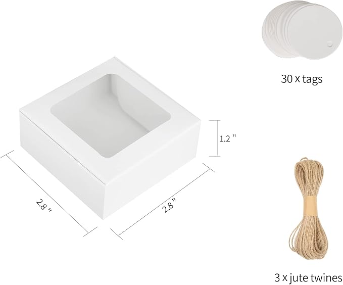 COTOPHER Soap Box, 30Pcs Small Soap Packaging Boxes 2.8x2.8x1.2 Inch Mini Kraft Boxes with Window Soap Boxes for Homemade Soap Candy Chocolate Bakery Cookies Soap Packaging