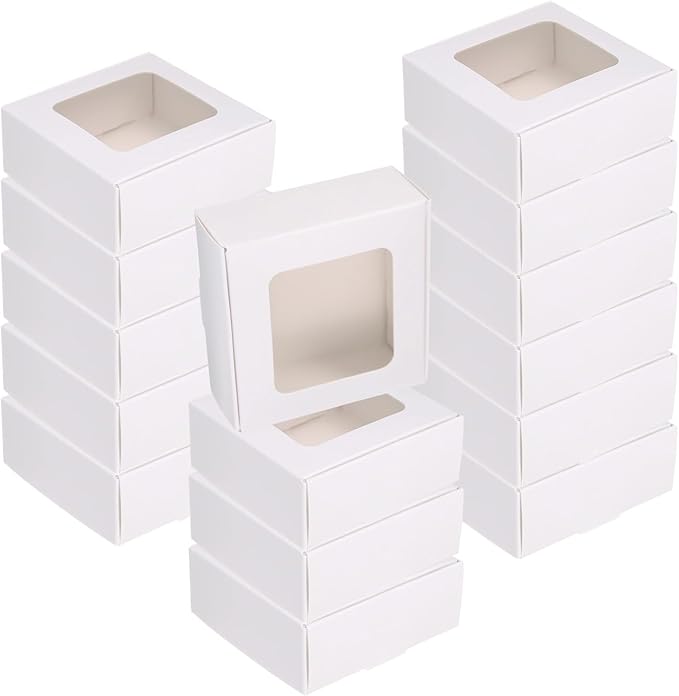 uxcell 60Pcs Kraft Soap Boxes, 3 x 3 x 1.2Inch Mini Kraft Treat Box with Clear Window for Candy Cookie Gift Party Festival Favor Treats Packaging (White)