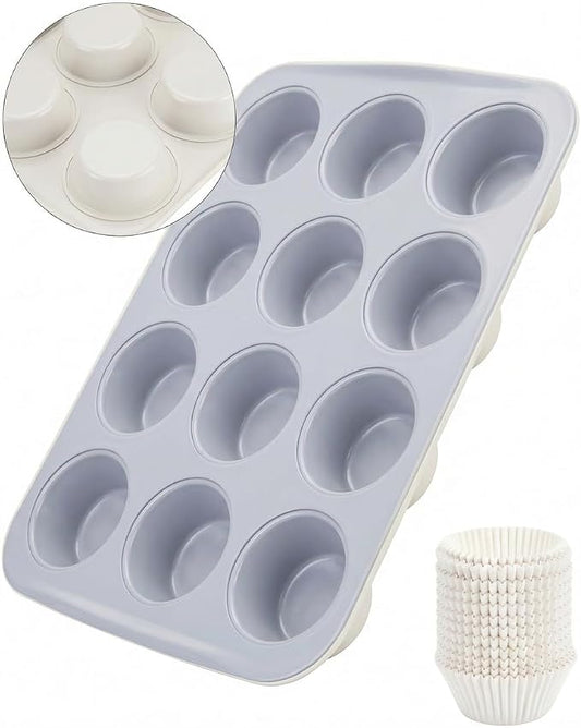 CARTMAN Ceramic Muffin Pan 12 Cup with 200 Cupcake Liners, Non-Stick & Non-Toxic Baking Tin for Healthy Muffins and Cupcakes, Perfect for Home Kitchens and Parties