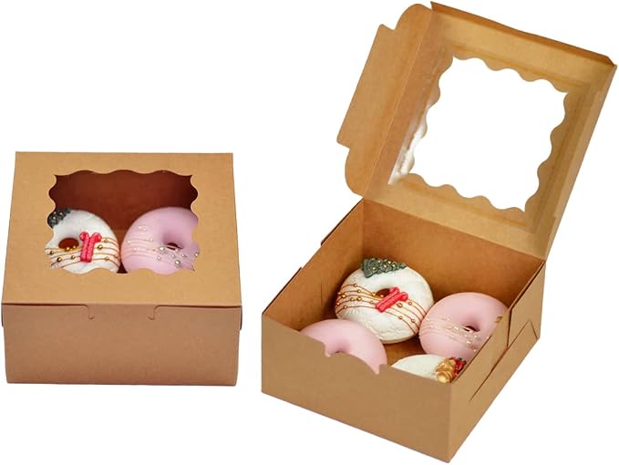 Bakepacker 60pcs Kraft Cookie Boxes 6x6x3 inches Easy Assemble Macaroon Pastry Boxes Bakery Boxes with Window for Bakery