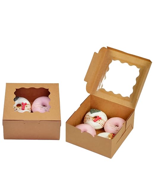 Bakepacker 100pcs Brown Cookie Boxes 6x6x3 inches Easy Assemble Macaroon Pastry Boxes Bakery Boxes with Window for Bakery