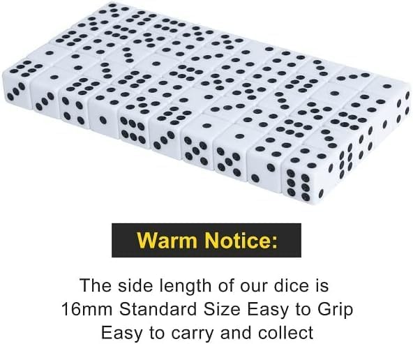100 Pack 16MM White Dice - Six Sided Standard Opaque | Black Pips Dots, For Board Games, Group Event, Teaching Math