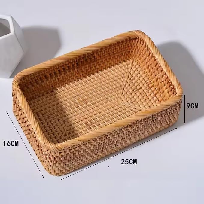 3 Sizes Rectangular Rattan Storage Baskets Handmade Woven Nesting Wicker Baskets for Decor Fruit Tray and Snack Storage Box (Middle Basket)
