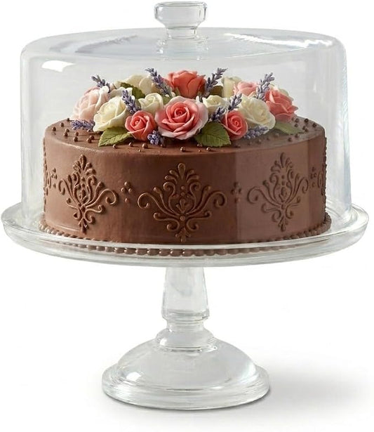 Martha Stewart Watercrest Glass Cake Stand with Dome, 10.2 Inch Clear Footed Pedestal Cake Stand with Glass Lid Cover, Handmade Glassware for Cakes and Desserts