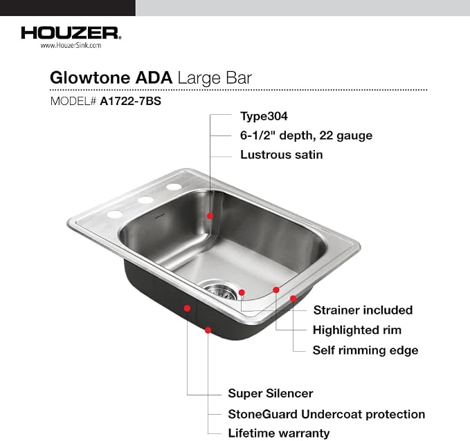 Houzer Glowtone ADA Compliant 17 inch Stainless Steel Topmount 3-hole Bar Sink with Strainer- A1722-7BS-1