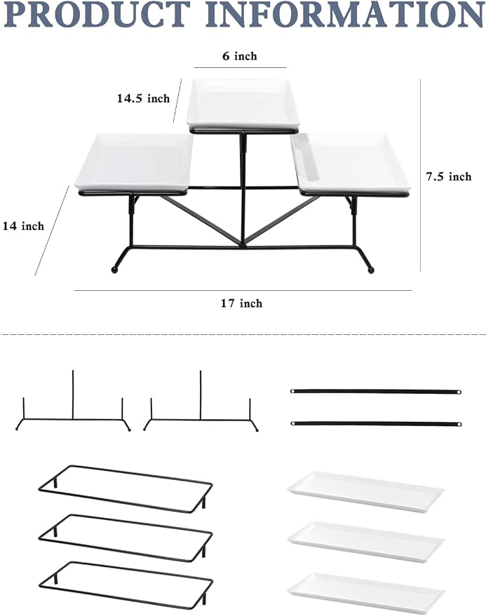 Kanwone 2 Tier Serving Stand With White Porcelain Platters, 14.5" x 6" Tiered Tray for Entertaining Party, Dessert Stand With Black Metal Base
