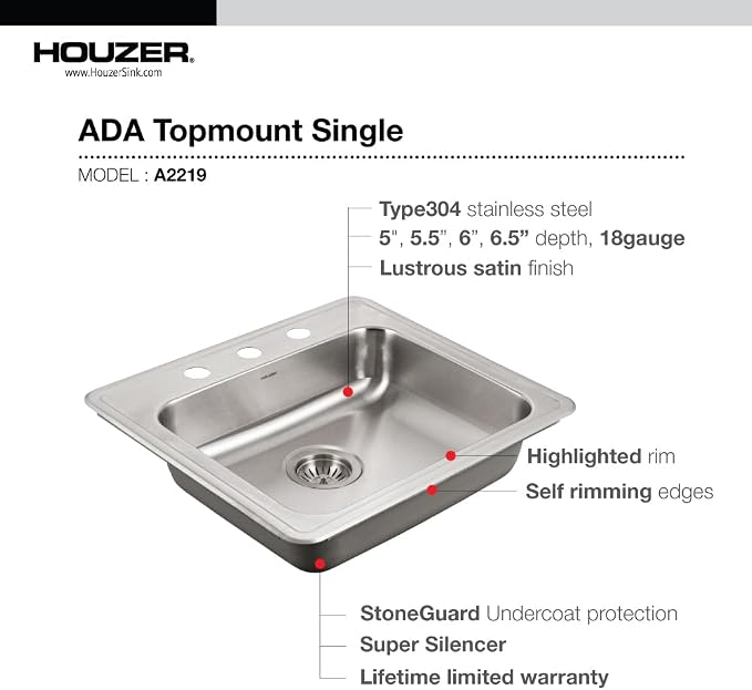 Houzer ADA Compliant Stainless Steel Kitchen Sink - 22 Inch Drop-in Topmount 3-Hole Single Bowl Sink, Durable & Versatile, Essential for Home & Apartment - A2219-603-1
