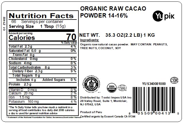 Yupik Organic Raw Cacao Powder, 2.2 lb, Gluten-Free, GMO-Free, Kosher, Vegan, Dairy-Free, No Added Sugar, Made from Raw Cacao Beans, Rich Chocolate Flavor, Ideal for Baking & Beverages