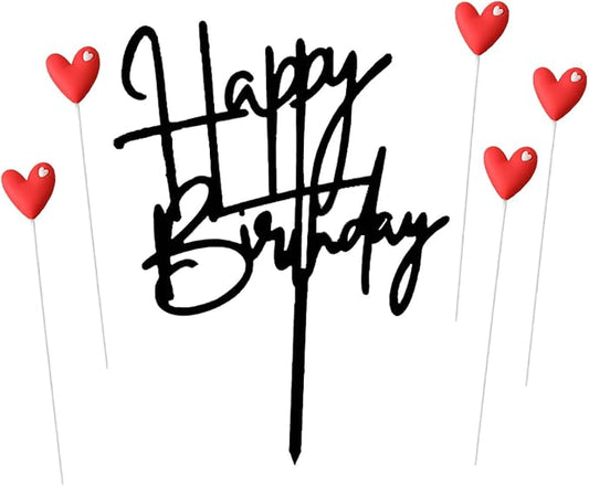 Black Happy Birthday Cake Topper Sign And 5 Red Love Cake Toppers Happy Birthday Topper For Cake Birthday Cake Decorations Supplies(Black 4)