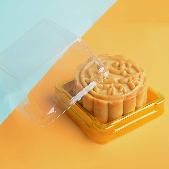 DOITOOL 100Pack Plastic Single Individual Cupcake Muffin Dome Holders, Moon Cake Box Stand, Mooncake Packaging Box with Covers, Cookies Muffins Dome Box Transparent Dessert Boxes- Golden ( 5. 7x5.