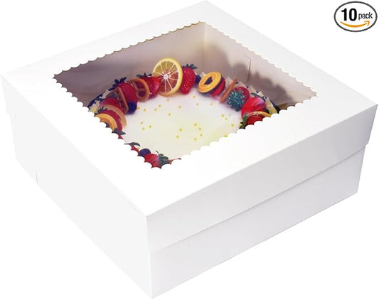 JJO Cake Boxes with Window 14x14x6 Inch 10 Pack,Wedding Cake Boxes,Large Cake Carrier,Disposable Cake Containers for Brownie,Pastries,Cheesecake