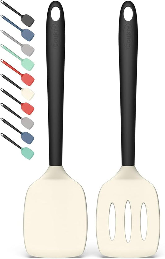 Coukre 2 Pack Silicone Spatula Set, High Heat Resistant, BPA Free Kitchen Spatula, Solid & Slotted Turner for Non-Stick Pans, Sautéing, and Flipping (2, BeigeBlack)