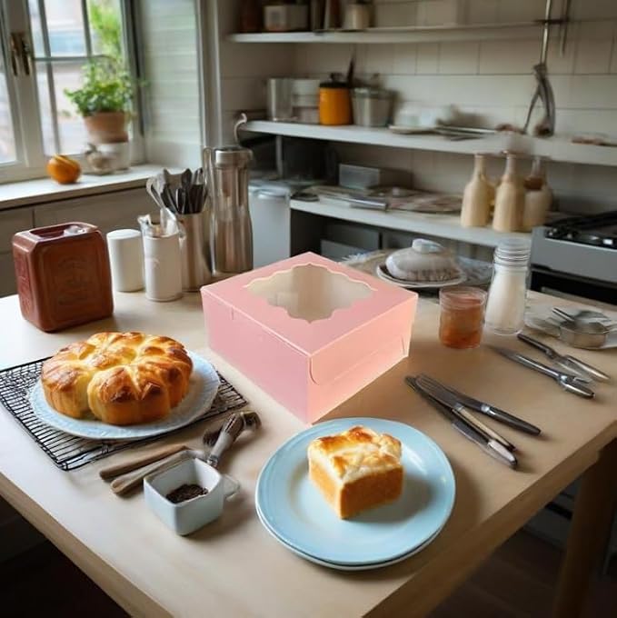 JIYIXhylera 30Pcs (6x6x3 in) Mini Cake Boxes+2 stickers with Display Window for Gift Giving, Bakesale, Cupcakes, Dessert, Cookies, Pie, Macaroons, Donuts, Pastry, Kraft Paper Material… (30Pcs Pink)
