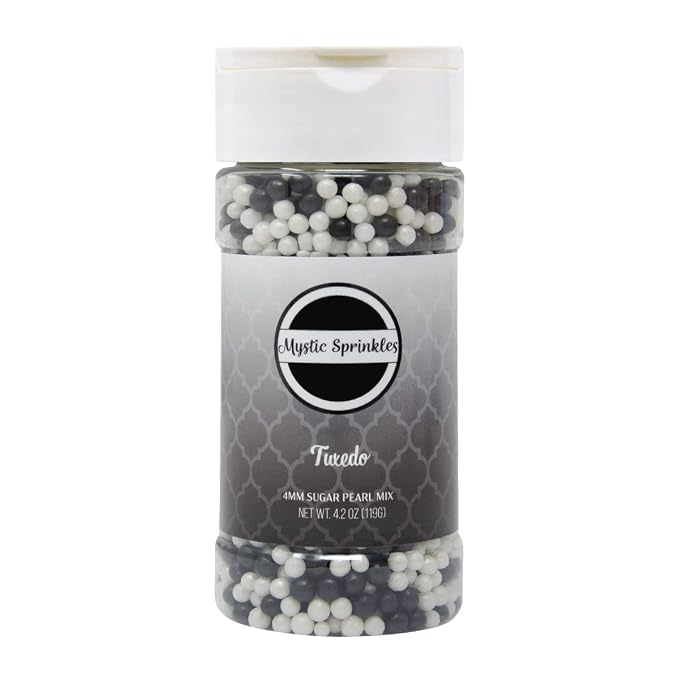 Mystic Sprinkles 4mm Sugar Pearls 4oz Bottles (Tuxedo Mix 4mm Sugar Pearls 4.2oz)