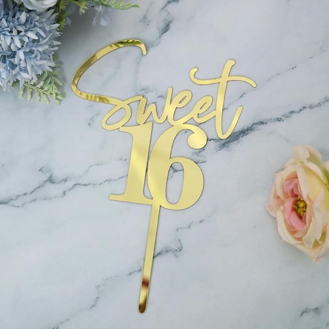 Sweet 16 Cake Toppers Mirror acrylic gold | Happy Sweet Sixteen Birthday Party Cake Decor for Cheers to 16 Years Anniversary Party Decorations Supplies