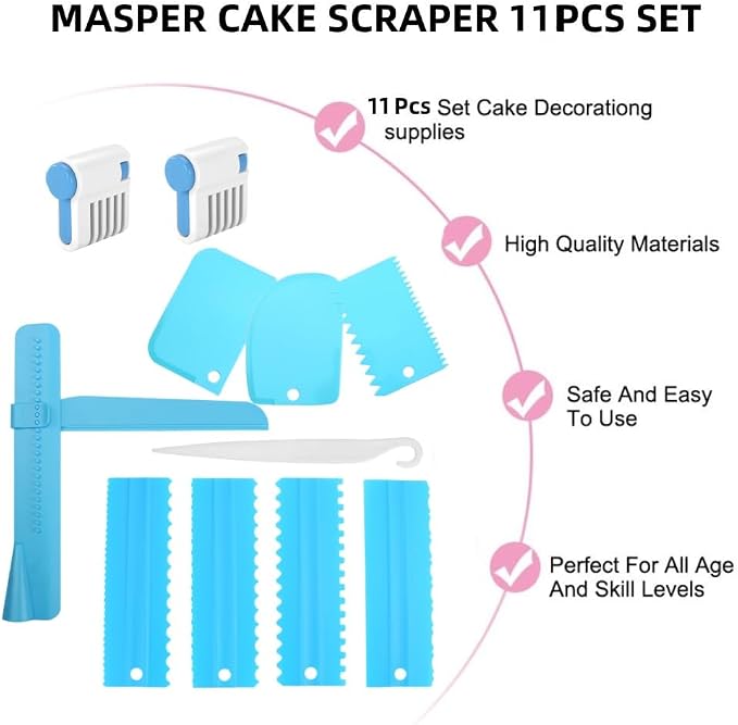 11 Pcs Cake Scraper Set Cake Edge Scraper Cutters with Adjustable Butter Smoothing Cream Scraper Tool Cake Decorating Comb Icing Smoother for Cake Cream Baking Decorating- (Blue)