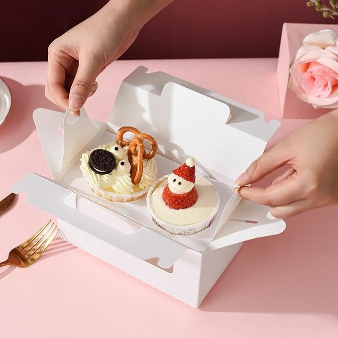 25Pcs Cupcake Containers -2 Holders Individual Cupcake Boxes with Clear Window Inserts and Handle Cupcake Muffins Cupcake Carriers for Birthday Party Wedding Cookies Pastries (White)