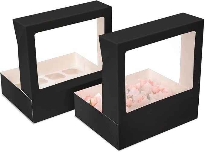 Bakepacker Auto-pop Up Cupcake Boxes with Window Black 40PCS 12 Count Cupcake Box 13"x10"x3.5" Cupcakes Carrier, 12 Cupcake Containers with 2 rolls of pink ribbons