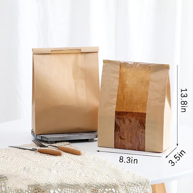 120 Pcs Paper Bread Bags for Homemade Bread with Tin Tie Tab Lock,Large Sourdough Bags Bakery Bag for Packaging Gift Giving,14" x 8.3" x 3.5",Clear Front Window,Includes 500 Sealing Stickers