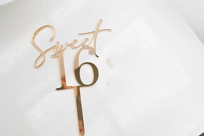 Golden Acrylic Sweet 16 Happy Birthday Cake Topper, 5.9 x 3.54inch Sixteenth Birthday Cake Decoration Cheer to 16th Fancy Cake Decor