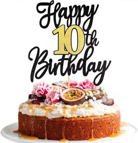 1 PCS Happy 10th Birthday Cake Topper Black Gold Glitter Cheers to 10 Years Birthday Cake Pick 10 Fabulous Cake Decoration for Happy 10th Birthday Anniversary Party Cake Decorations Supplies