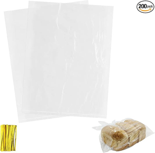 200 Pack 18 x 24 Inch Plastic Produce Bags Bread Loaf Bags Clear Plastic Flat Poly Bags with Twist Ties for Food, Bread, Dough, Clothes Packaging, Storage, Gift Bag(1 Mil)