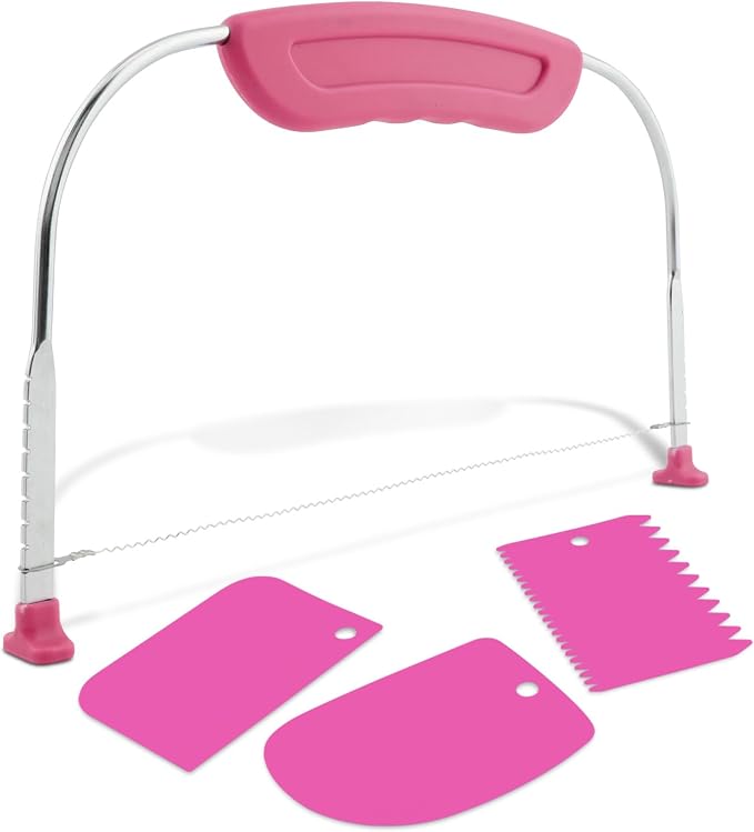 Adjustable Cake Leveler Cutter With 3PCS Cake Scrapers Set,Baking Supplies Tool for Kitchen,Large Size Cake-Cutter Slicer for Leveling,Single Stainless Steel Wire & Plastic Handle(COLOR:Rose Red)